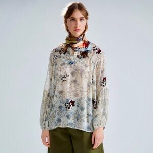 Zara Sheer Floral Patterned Blouse with Contrast Embroidery Detail
